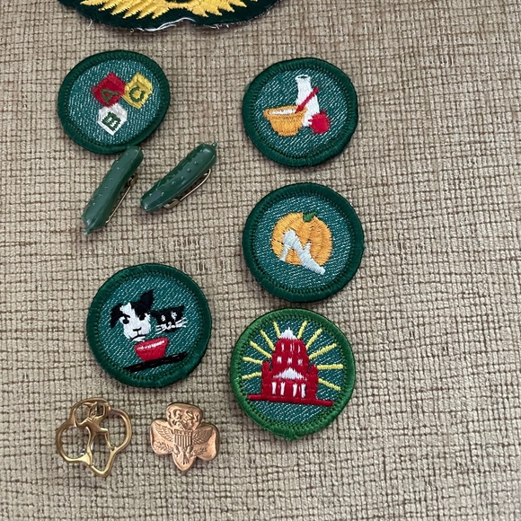 Vintage 1950's Girl Scout Patches and a Heinz pickle pin.
